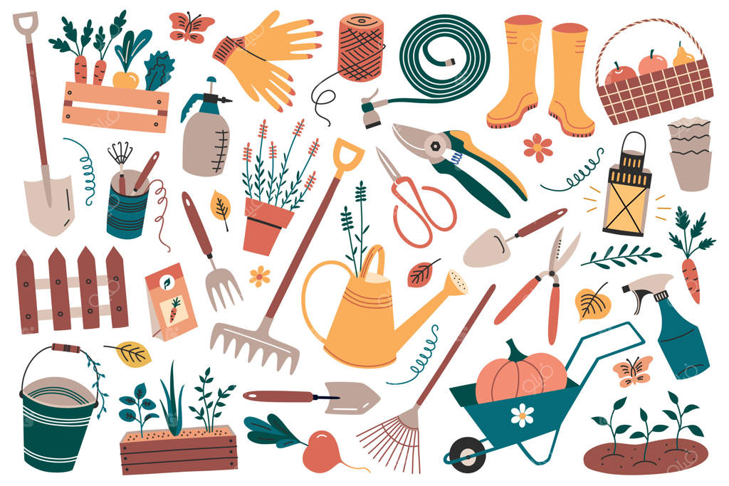 مجموعه‌ای از ابزارها و عناصر باغبانی به صورت کارتونی. بیل‌ها، دستکش‌ها، نقاشی‌های آبپاش، مجموعه‌ای از آیکون‌های گیاهان. باغبانی، کشاورزی و زندگی دوستدار محیط زیست.