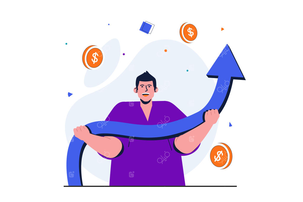 رشد کسب‌وکار - طراحی بنر وب به سبک مدرن: تاجری در حال بالا بردن یک فلش