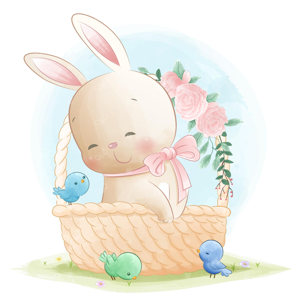 خرگوش و پرندگان بامزه در سبد حصیری