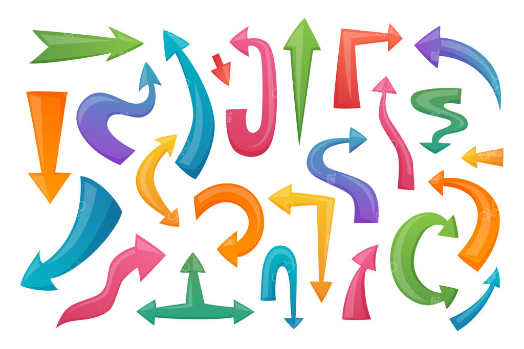 فلش‌های کارتونی رنگارنگ با اشکال و جهت‌های مختلف بر روی زمینه سفید