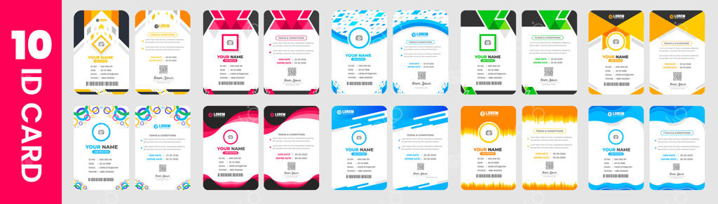 مجموعه بزرگ ۱۰ تایی قالب طراحی کارت شناسایی اداری مدرن یا کارت شناسایی شرکتی شیک. بسته قالب طراحی کارت شناسایی کارمند شرکت دو رو.