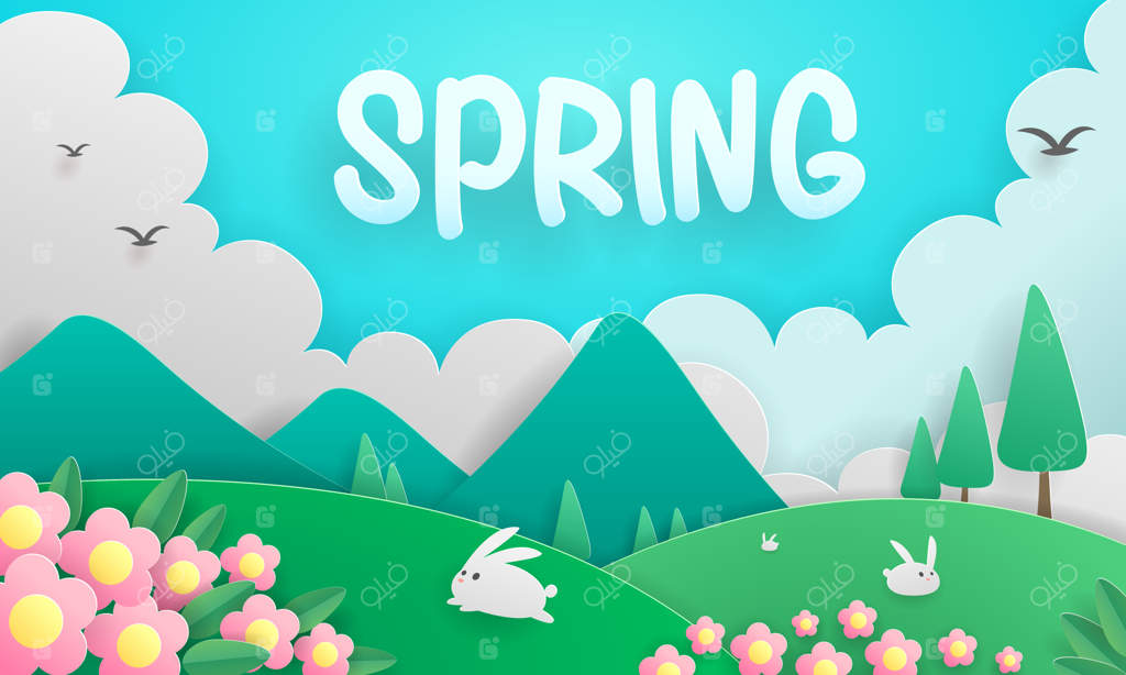 هنر برش کاغذ: مناظر زنده بهاری، چمنزارهای سبز و گل‌های شکوفا با چشم‌اندازی از کوه‌ها در پس‌زمینه