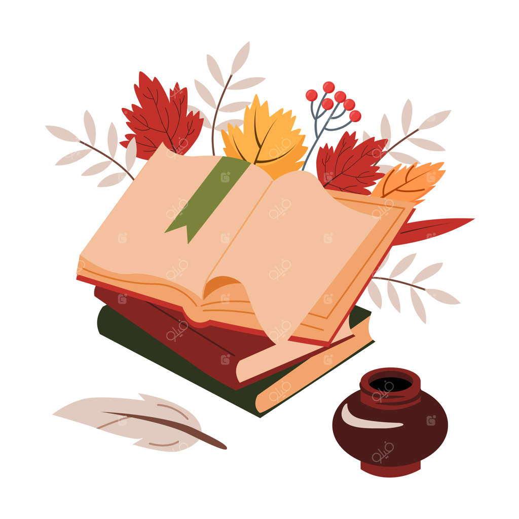 کتاب باز با صفحات خالی، یک قلم و دوات، تزئین‌شده با برگ‌های پاییزی