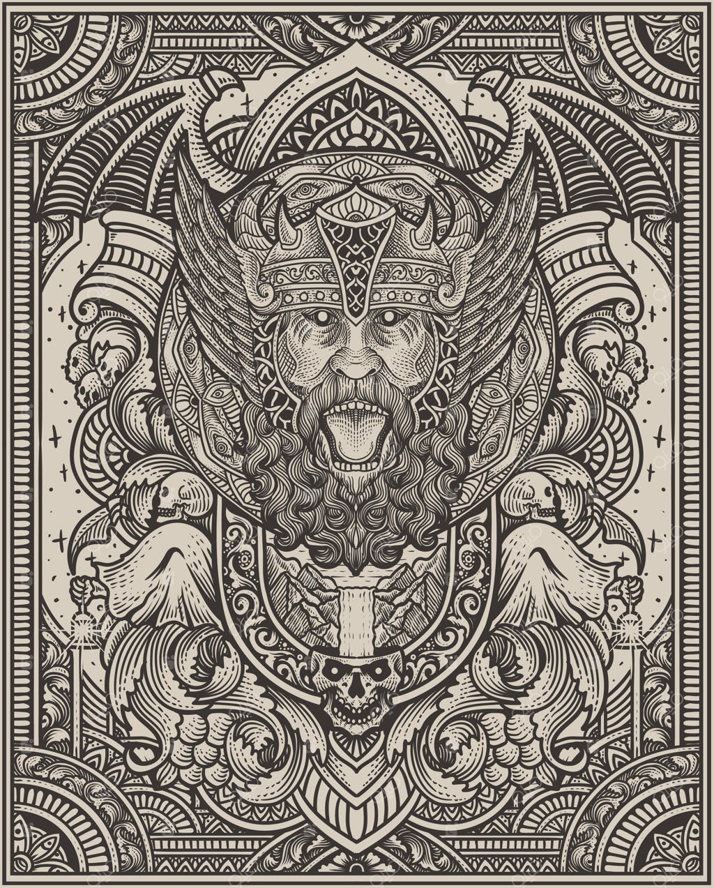 تصویر سر یک وایکینگ عصبی با حکاکی‌های قدیمی و زینتی