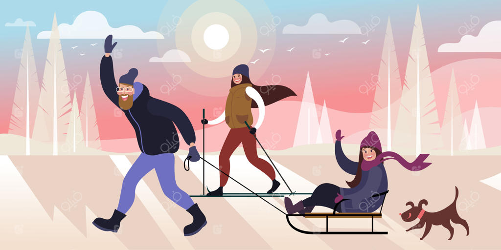 اسکی و سورتمه‌سواری خانواده خوشحال به همراه سگ در پارک زمستانی شهر.