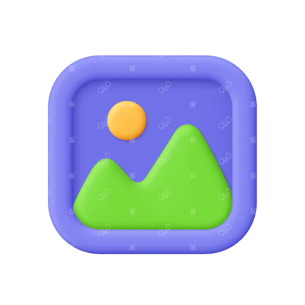 نماد تصویر: گالری عکس یا فایل JPG از منظره کوهستان و خورشید به سبک سه‌بعدی و کارتونی مینیمال