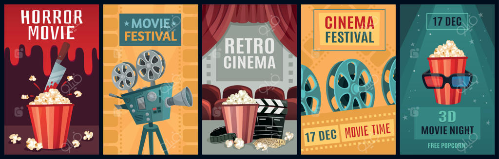 پوستر فیلم: مجموعه پوسترهای ترسناک، دوربین سینما و شب فیلم‌های کلاسیک - طرح وکتور