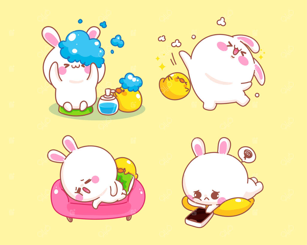 تصویر کارتونی خرگوش بامزه و اردک در حال انجام کارهای خانه