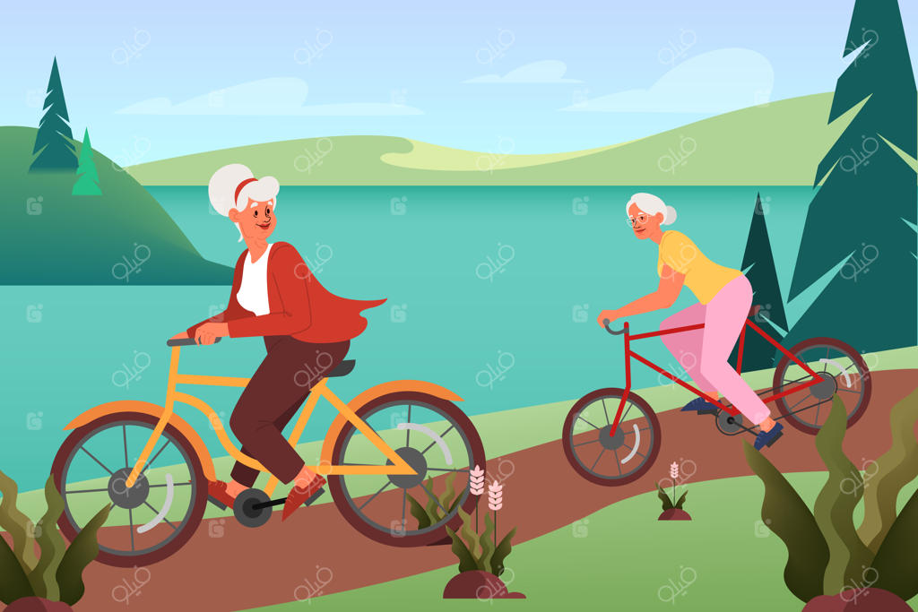 پیرزنی در جنگل دوچرخه سواری می‌کند: زندگی فعال بیرون از منزل برای سالمندان. مادربزرگی در حال دوچرخه سواری در فضای باز. فعالیت تابستانی.
