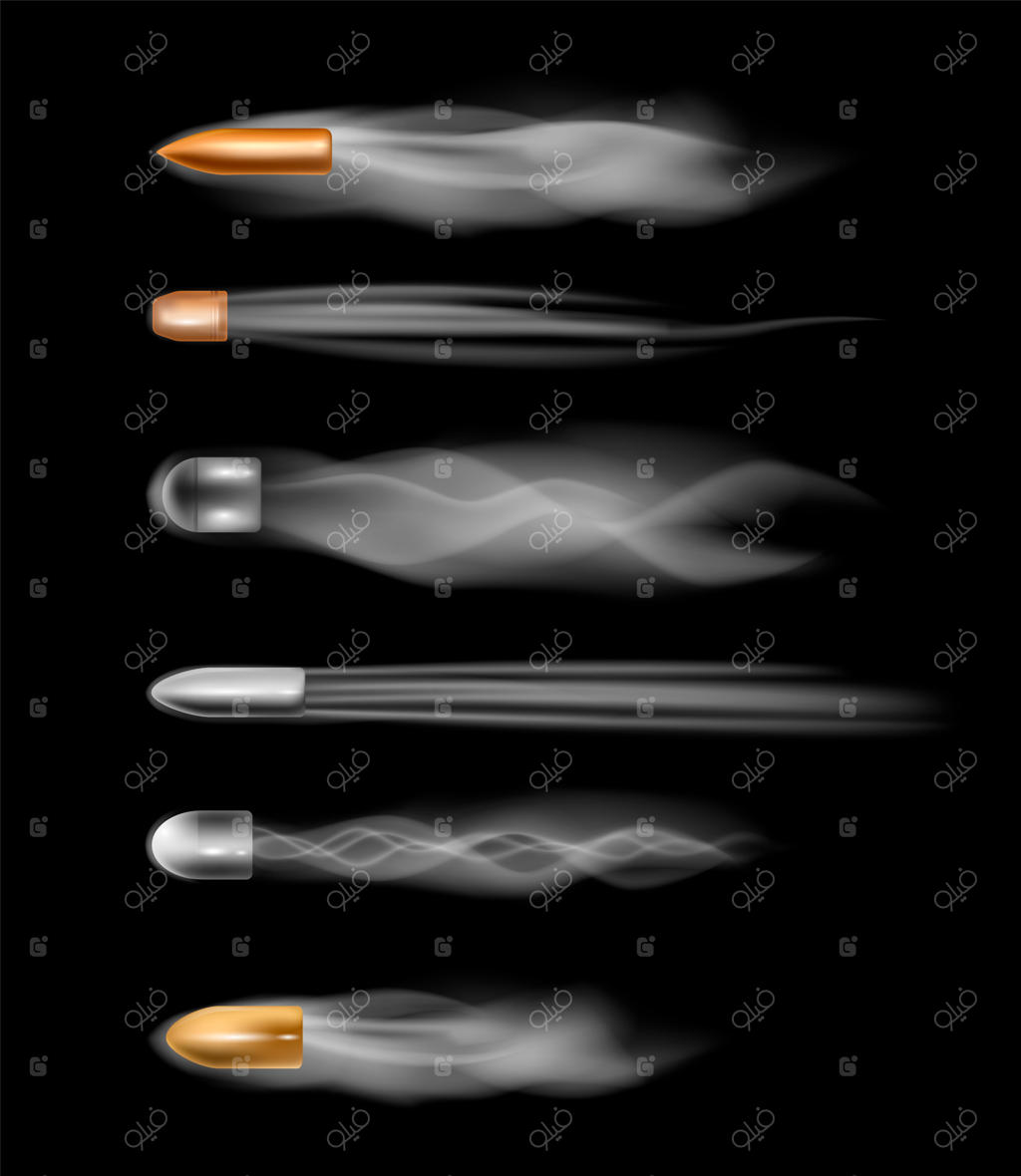 گلوله در حال پرواز با رد آتشین در پس‌زمینه شفاف