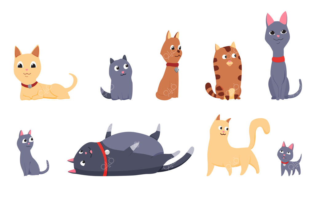 مجموعه وکتور کارتونی و رنگارنگ از دوستی سگ و گربه در حالت‌های مختلف (نشسته، خوابیده، در حال بازی و قدم زدن)؛ طرحی بامزه و تخت (Flat) با پس‌زمینه سفید