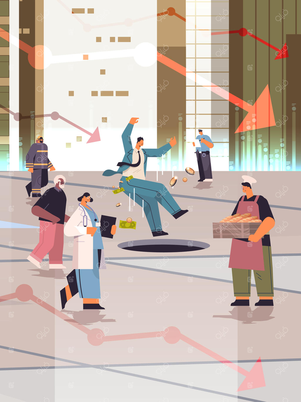 تصور فروپاشی اقتصاد: مردم با مشاغل مختلف در چاله‌های باز سقوط می‌کنند، بحران مالی جهانی و مفهوم ورشکستگی، تصویر عمودی وکتور کامل