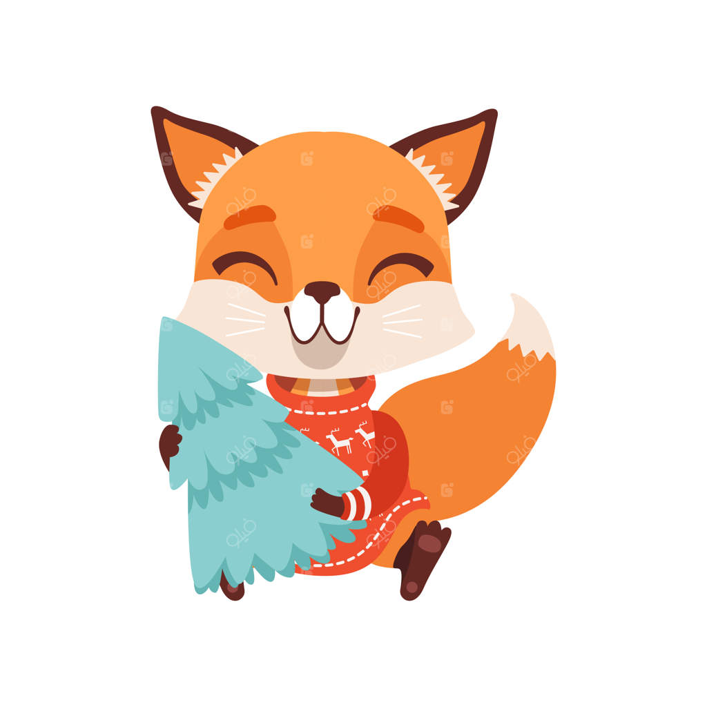 شخصیت روباه خندان با پلیور قرمز نشسته و درخت کاج در دست - تصویر برداری حیوان بامزه جنگل در زمینه سفید