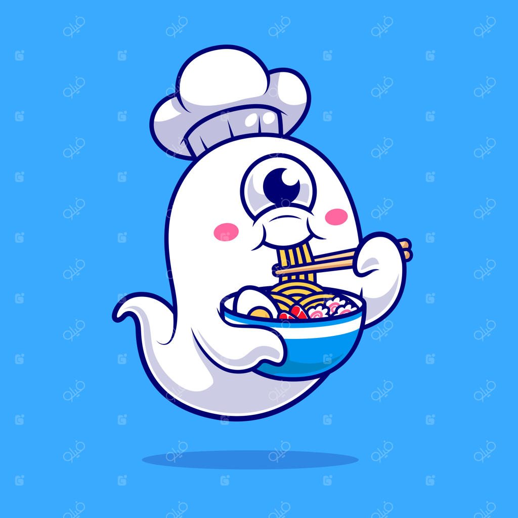 آیکون کارتونی سرآشپز روح بامزه در حال خوردن نودل رامن - ایزوله برای تعطیلات غذایی