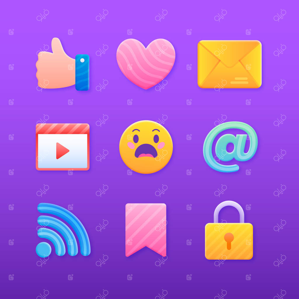 مجموعه عناصر شبکه‌های اجتماعی با گرادیانت رنگی