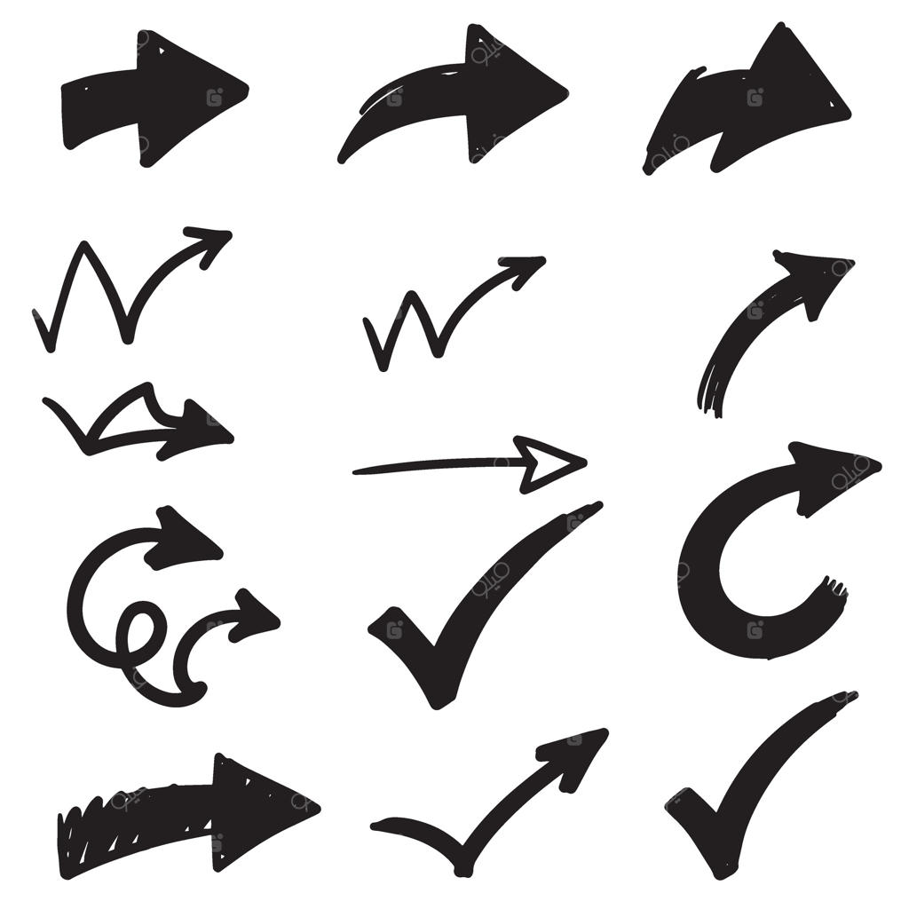 عناصر طراحی شامل پیکان سیاه و علامت تیک دستی بر روی زمینه سفید