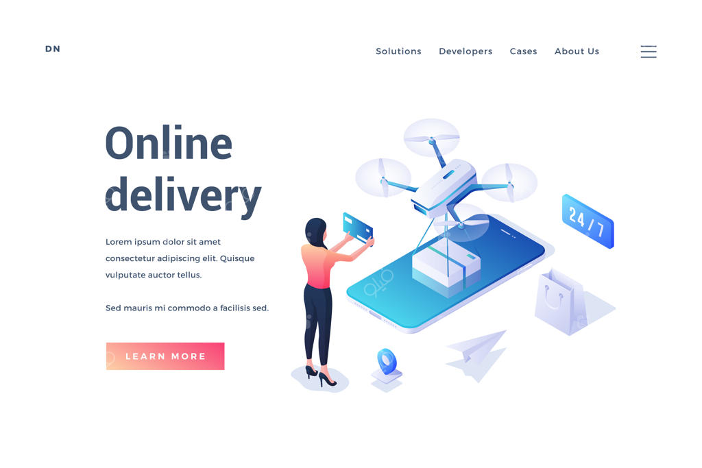 قالب بنر ایزومتریک با شخصیت زن در حال استفاده از اپلیکیشن تحویل آنلاین با ارسال بسته توسط پهپاد روی زمینه سفید