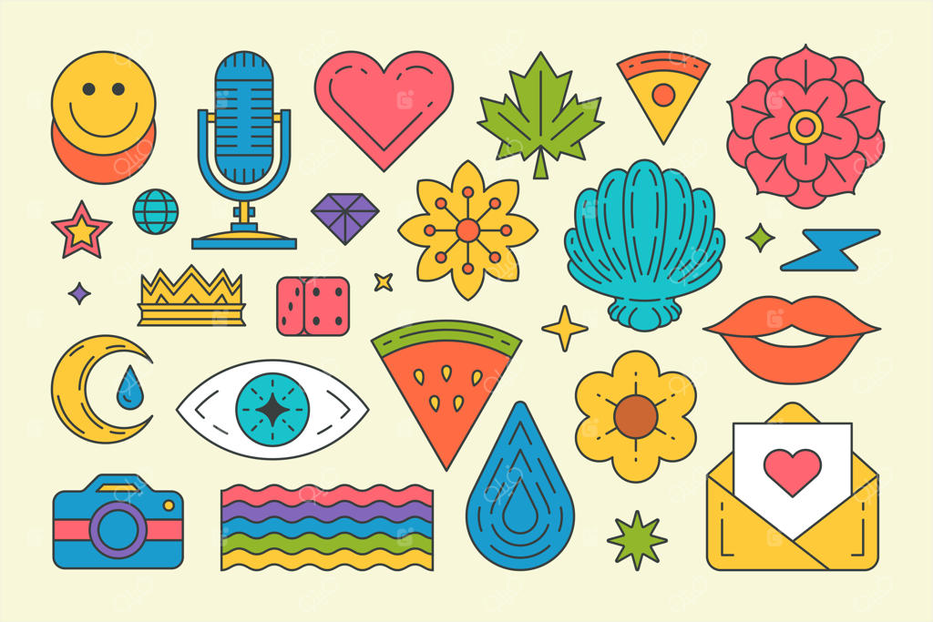 مجموعه‌ای از استیکرهای هنری چندرنگ تابستانی - میکروفون رترو و پرچم رنگین‌کمان