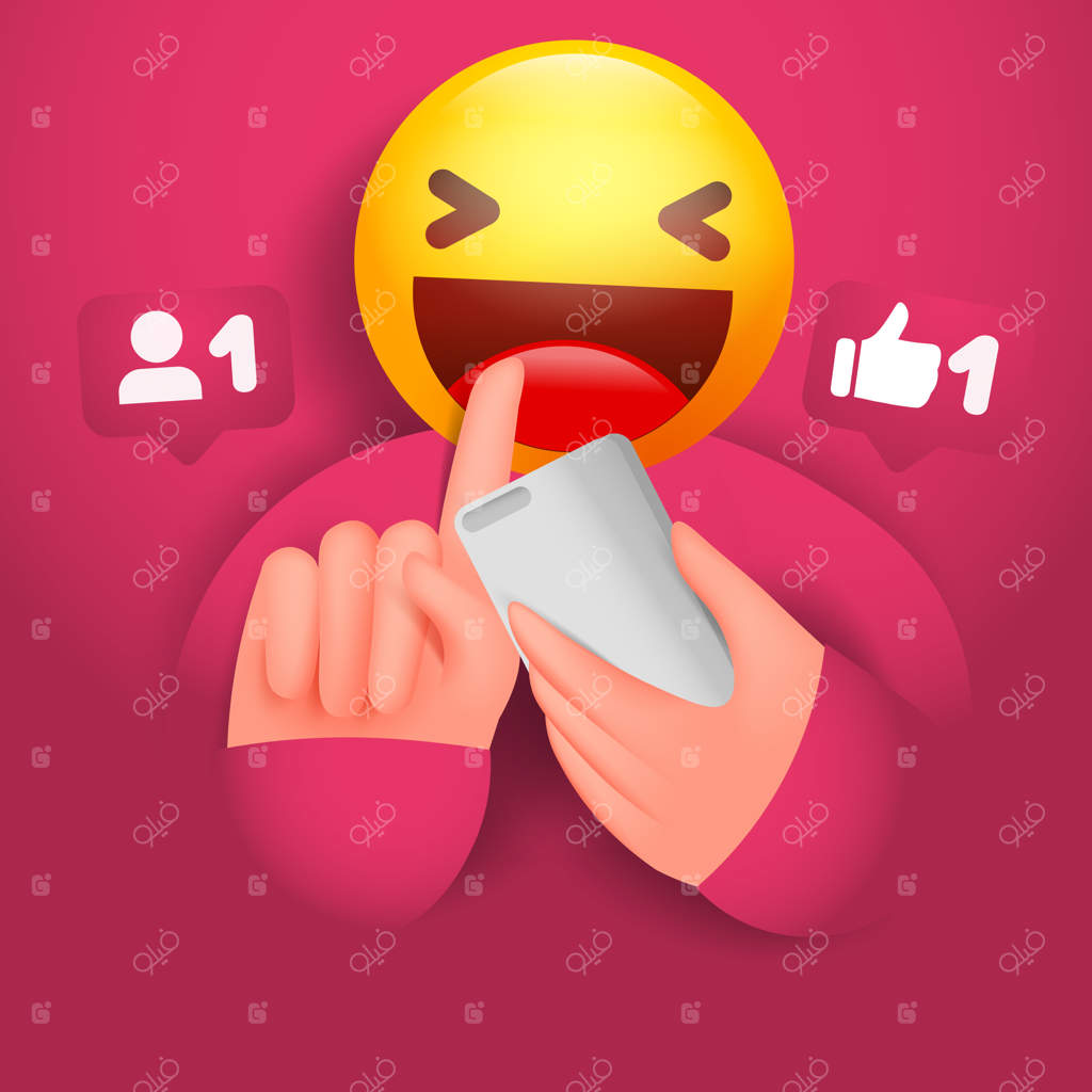 کارت مفهومی شبکه‌های اجتماعی با مردی که لبخند می‌زند و گوشی هوشمند در دست دارد و به صفحه لمسی اشاره می‌کند