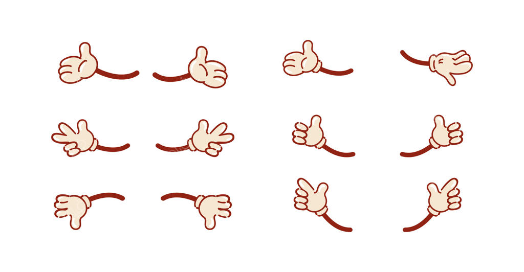 مجموعه ژست‌های دست وینتیج با استایل کارتونی رترو؛ شامل لایک، صلح و دست باز. مناسب برای استیکر، المان‌های طراحی و ایموجی پیام‌رسان‌ها