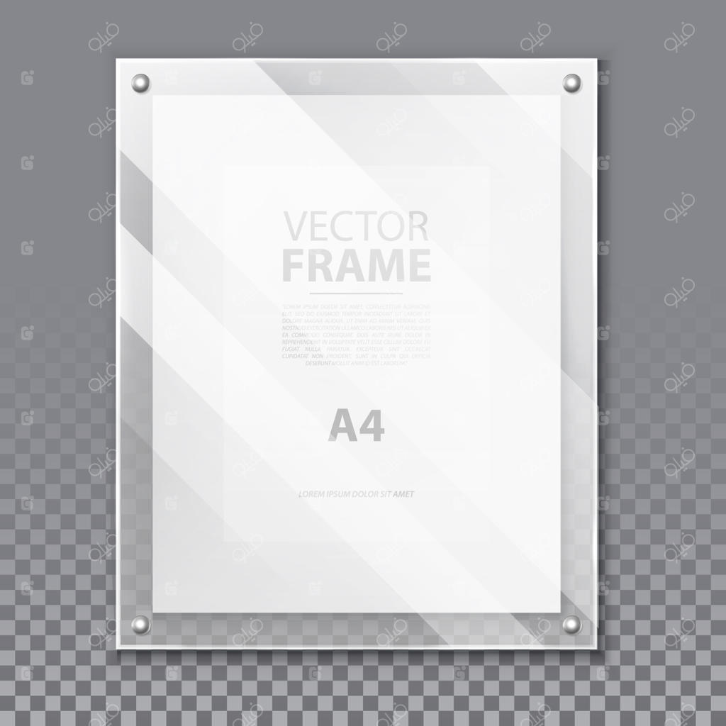 قاب سه‌بعدی شیشه‌ای برای عکس یا تصویر A4. پرتره شیشه‌ای ساده روی دیوار با کاغذ و سایه و انعکاس. پس‌زمینه مدرن تخته برای نقل‌قول یا نمایشگاه موزه. تبلیغات