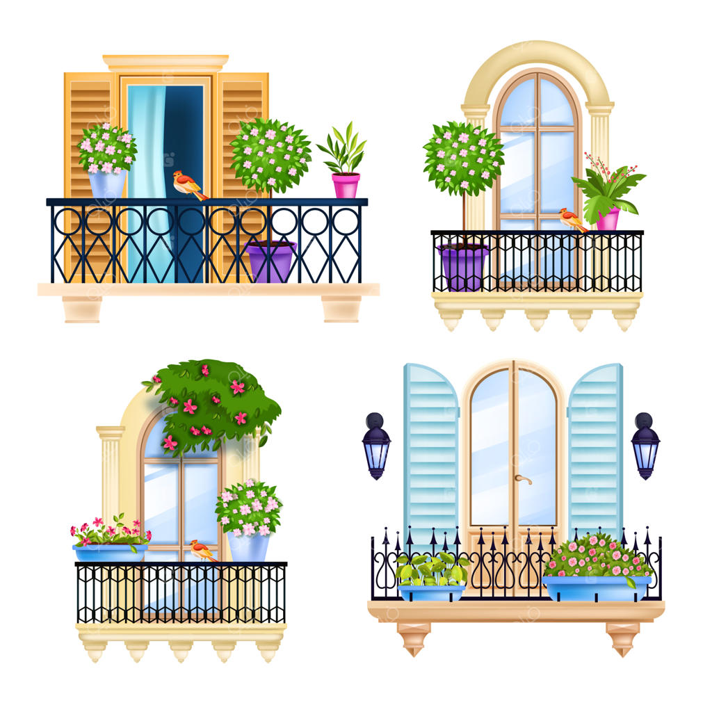 پنجره خانه، نمای بالکن در بهار، درختان شکوفه‌زده، پرندگان، و گیاهان سبز خانگی.