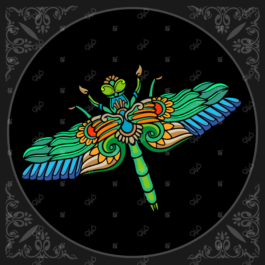 هنر زنتنگل سنجاقک رنگارنگ بر زمینه سیاه