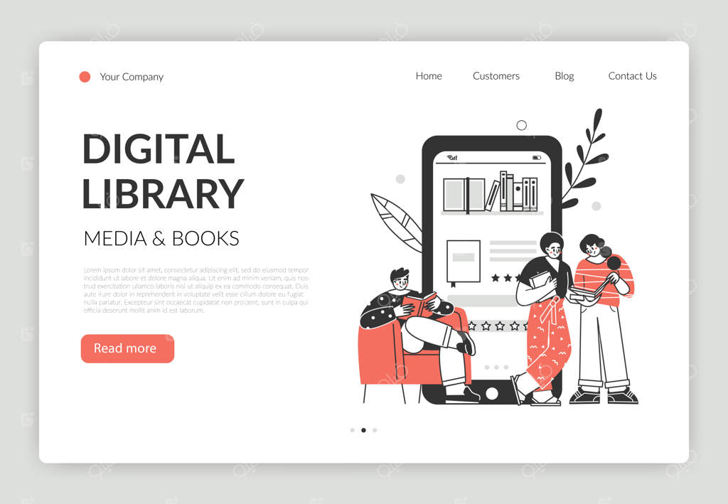 مفهوم کتابخانه آنلاین: تصویرسازی وکتور با شخصیت‌هایی که کتاب‌ها را روی گوشی هوشمند مطالعه می‌کنند. مفهومی برای توسعه وبسایت و اپلیکیشن.