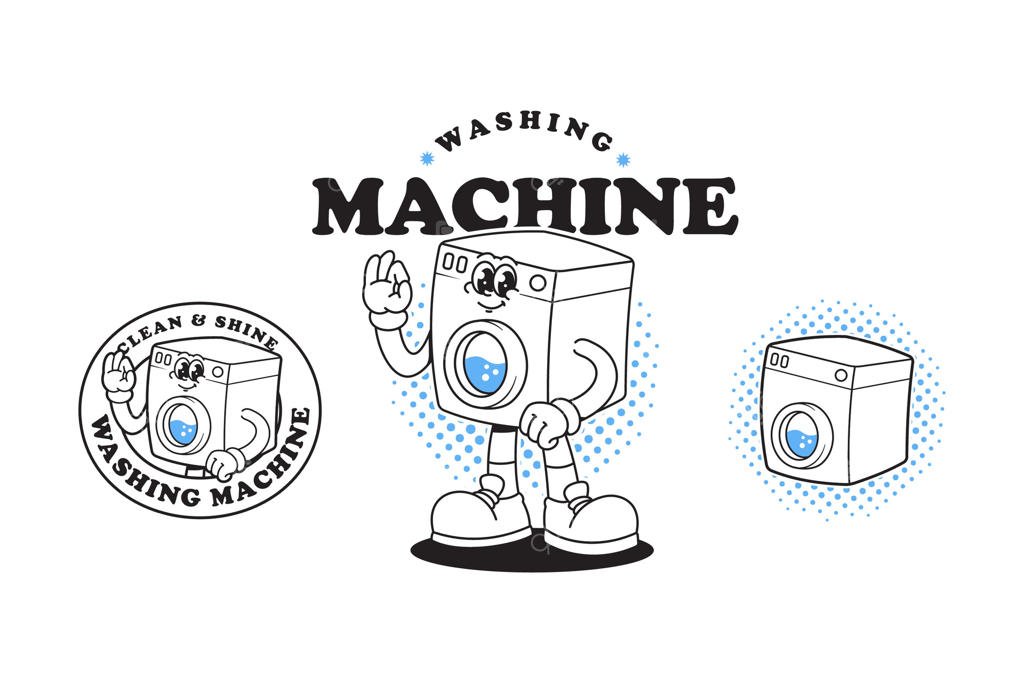 طراحی کاریکاتوری ماشین لباسشویی به سبک خطی با نشان دادن علامت تایید. شخصیت خنده‌دار ماشین لباسشویی - مجموعه لوگو. شخصیت خدمات لباسشویی با طراحی ماشین لباسشویی.