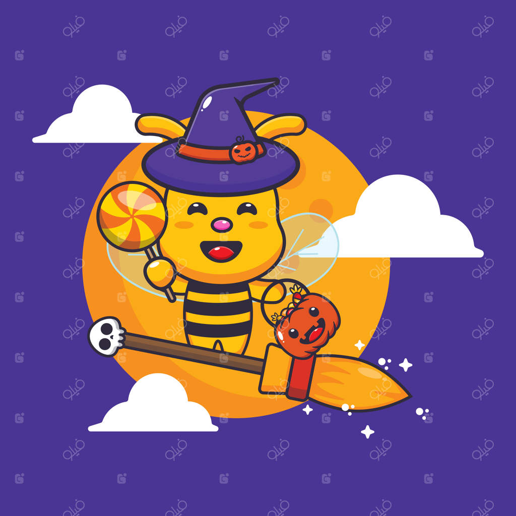 زنبور جادوگر بانمک با جاروی پرنده در شب هالووین. تصویر کارتونی بامزه هالووین.