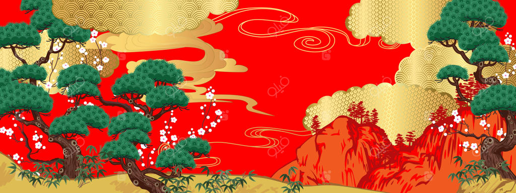 منظره‌ای با درختان کاج و شکوفه‌های آلو