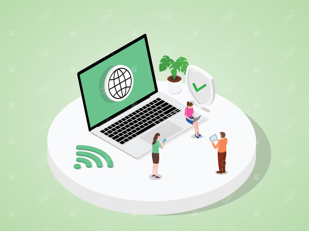 افراد با استفاده از لپ‌تاپ، تبلت و گوشی هوشمند به اینترنت دسترسی پیدا می‌کنند - سبک مدرن و کارتونی