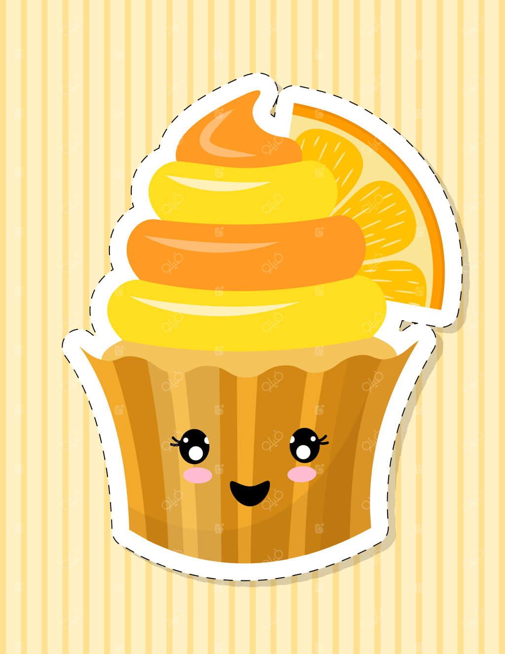 شخصیت بامزه کیک کاپ کیکی به سبک کاوایی، کیک میوه‌ای با تکه‌ای پرتقال تزئین‌شده