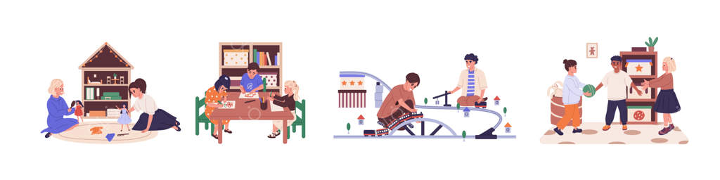 بچه‌ها در حال بازی با اسباب‌بازی‌ها و عروسک‌ها در خانه و مهدکودک - دختران و پسران شادی که اوقات فراغت خود را در محیط داخلی سپری می‌کنند - تصویرسازی برداری ساده بر روی زمینه سفید