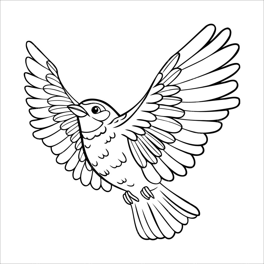 طراحی دقیق و خطی از پرنده در حال پرواز. پرنده با بال‌های باز و بدنی گرد که الگوهای پیچیده پرهایش را به نمایش می‌گذارد.