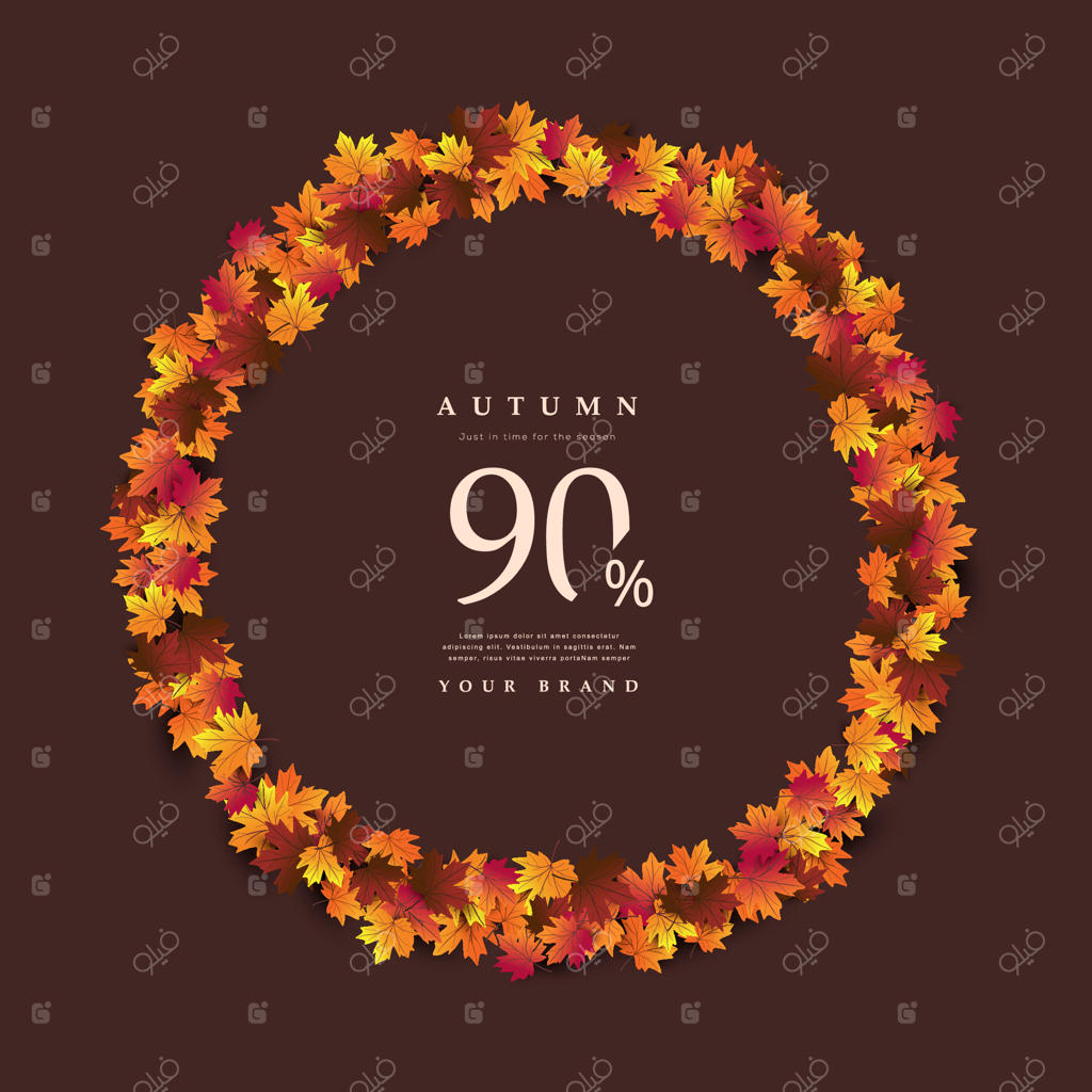 طراحی بنر فروش پاییزی با قاب دایره‌ای از برگ‌های رنگارنگ افرا و تبلیغ تخفیف ویژه بر روی زمینه تیره، ایده‌آل برای تبلیغات و بازاریابی فصلی