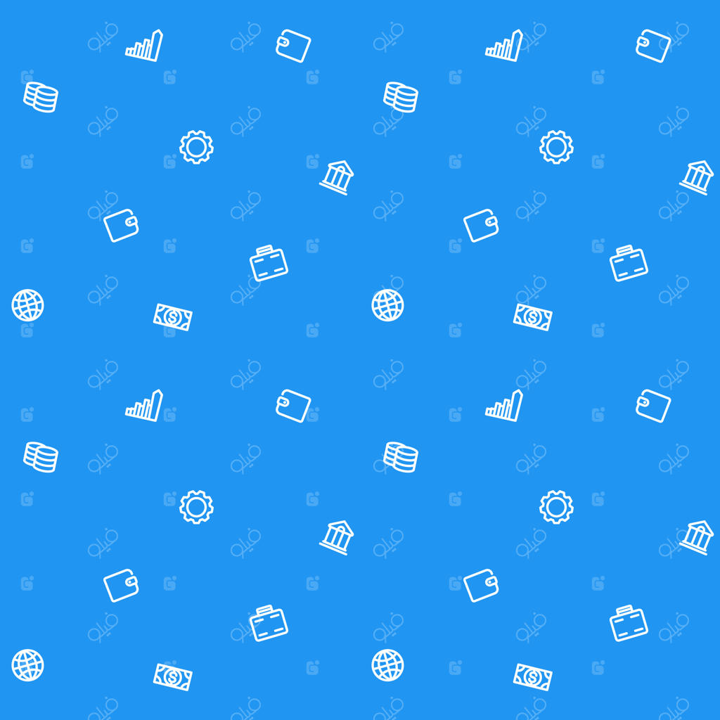 پترن بدون درز مالی و تجاری با آیکون‌های سفید و پس‌زمینه آبی