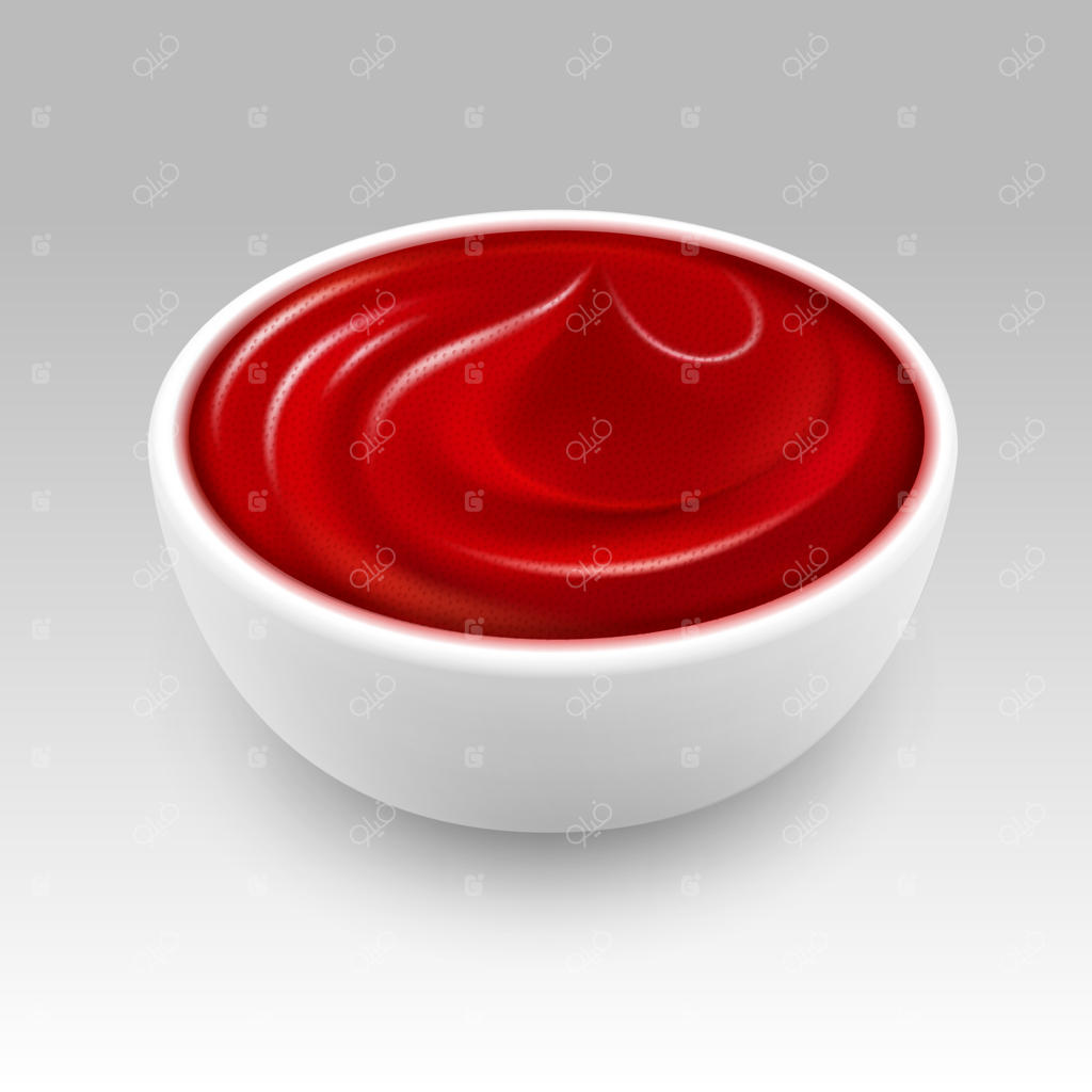 کاسه سفید سس کچاپ قرمز روی سفید