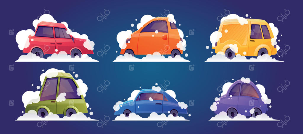مجموعه‌ای از خودروهای هاچ‌بک خنده‌دار با کف و حباب‌های صابون، کارواش. مجموعه‌ای از تصاویر کارتونی مجزا.