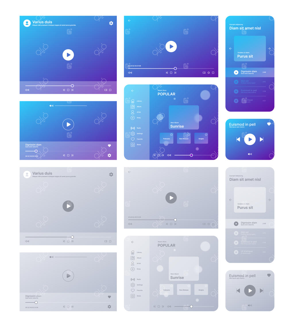قالب رابط کاربری پلیر وب برای پلتفرم موسیقی، رادیو و ویدیو با تصاویر وکتوری - طراحی روشن و مدرن