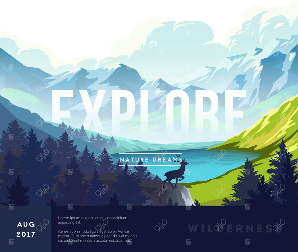 پوستر منظره طبیعی با سایه‌نماهای کوه‌ها و درختان - تصویرسازی وکتور