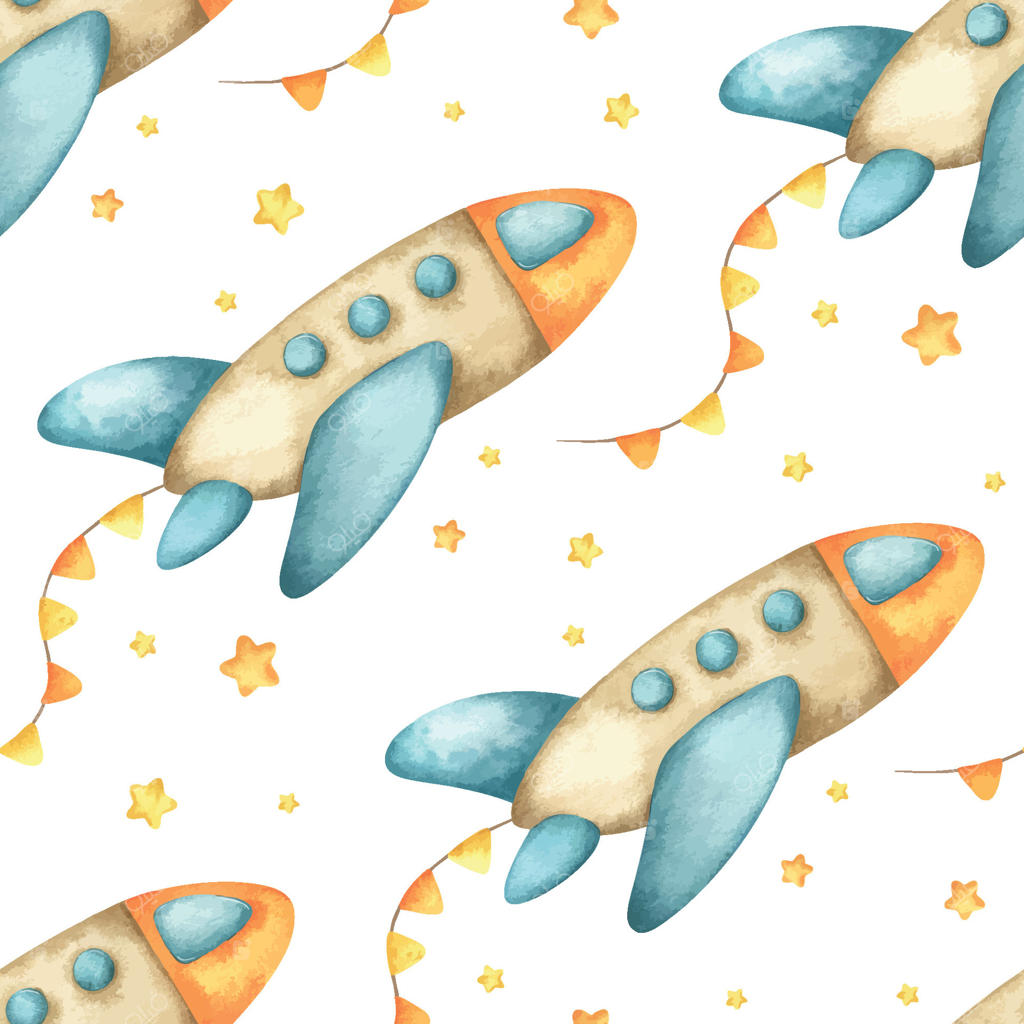 هواپیمای کودکانه رنگارنگ با پرچم‌های رنگار در میان ستاره‌ها. الگوی یکپارچه آبرنگ برای طراحی محصولات کودک، پارچه، جشن نوزاد، کاغذ دیواری و ملافه.