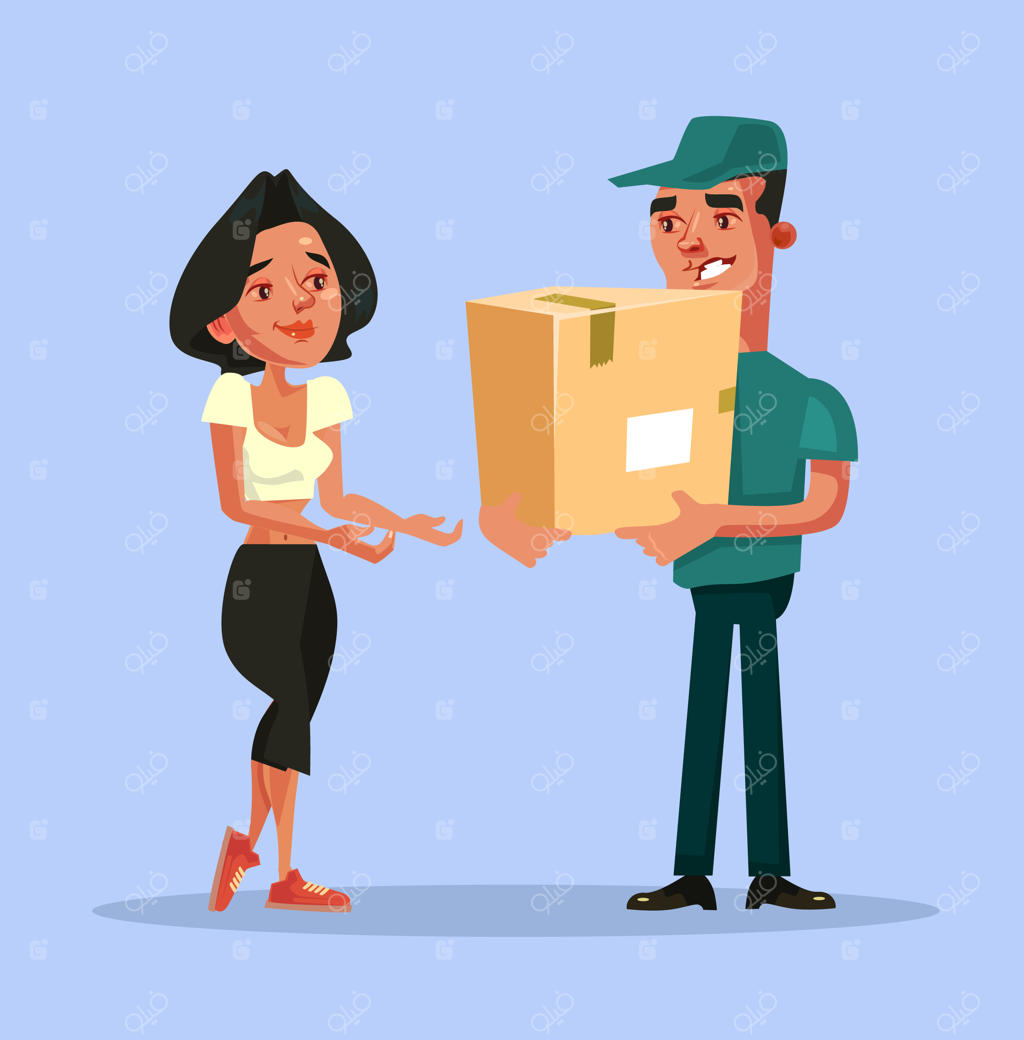 پیک تحویل خوشحال و خندان در حال تحویل سفارش خرید اینترنتی به مشتری