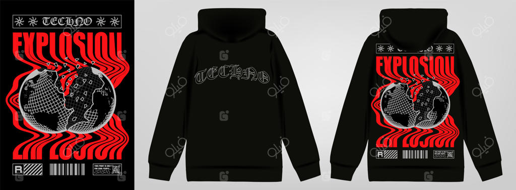 پوستر مدرن از جهانی ویران‌شده: کره‌ای از زمین به دو نیم شکسته همراه با متن انفجار