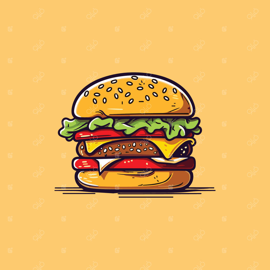 تصویر برگر پنیری: هنر خطی ساده با رنگ‌های جذاب برای منو، پوستر و وب‌سایت