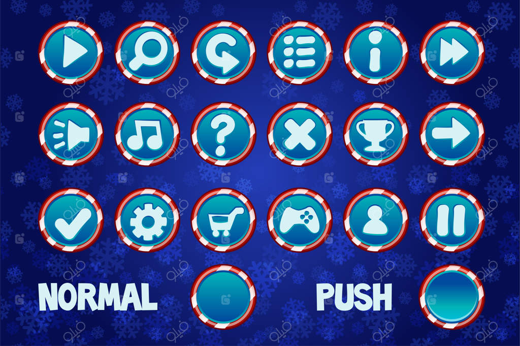 دکمه‌های کریسمس برای رابط کاربری وب و بازی‌های دوبعدی: دکمه‌ عادی و دکمه‌ فشرده‌شده دایره‌ای