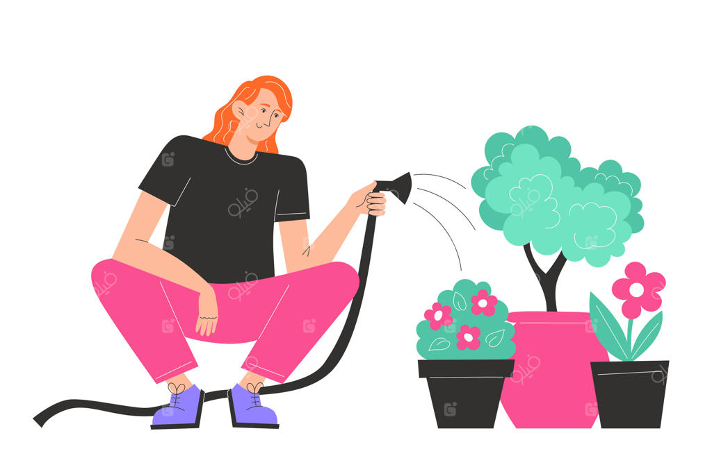 جوانی روی زانو نشسته و به گل‌های گلدان آب می‌دهد