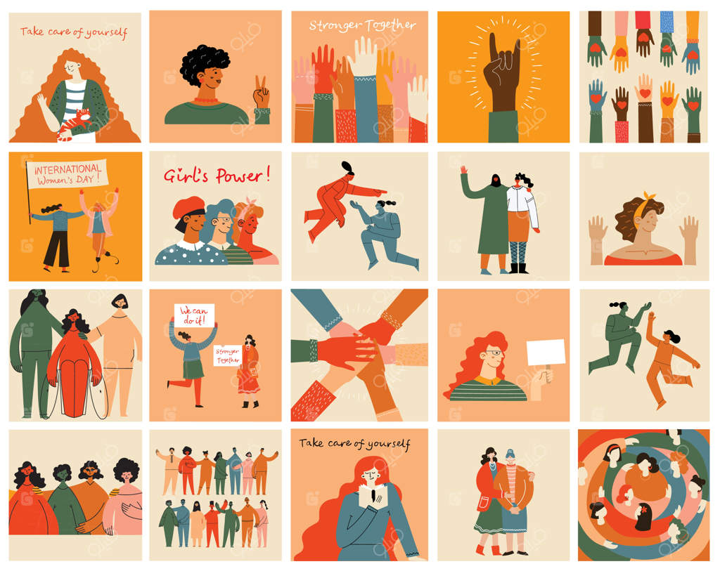 گروه دوستی زنان: تیم متنوعی از خانم‌ها در کنار هم ایستاده‌اند و دست‌ها را به هم داده‌اند - قدرت دختران، انجمن خواهری چندملیتی