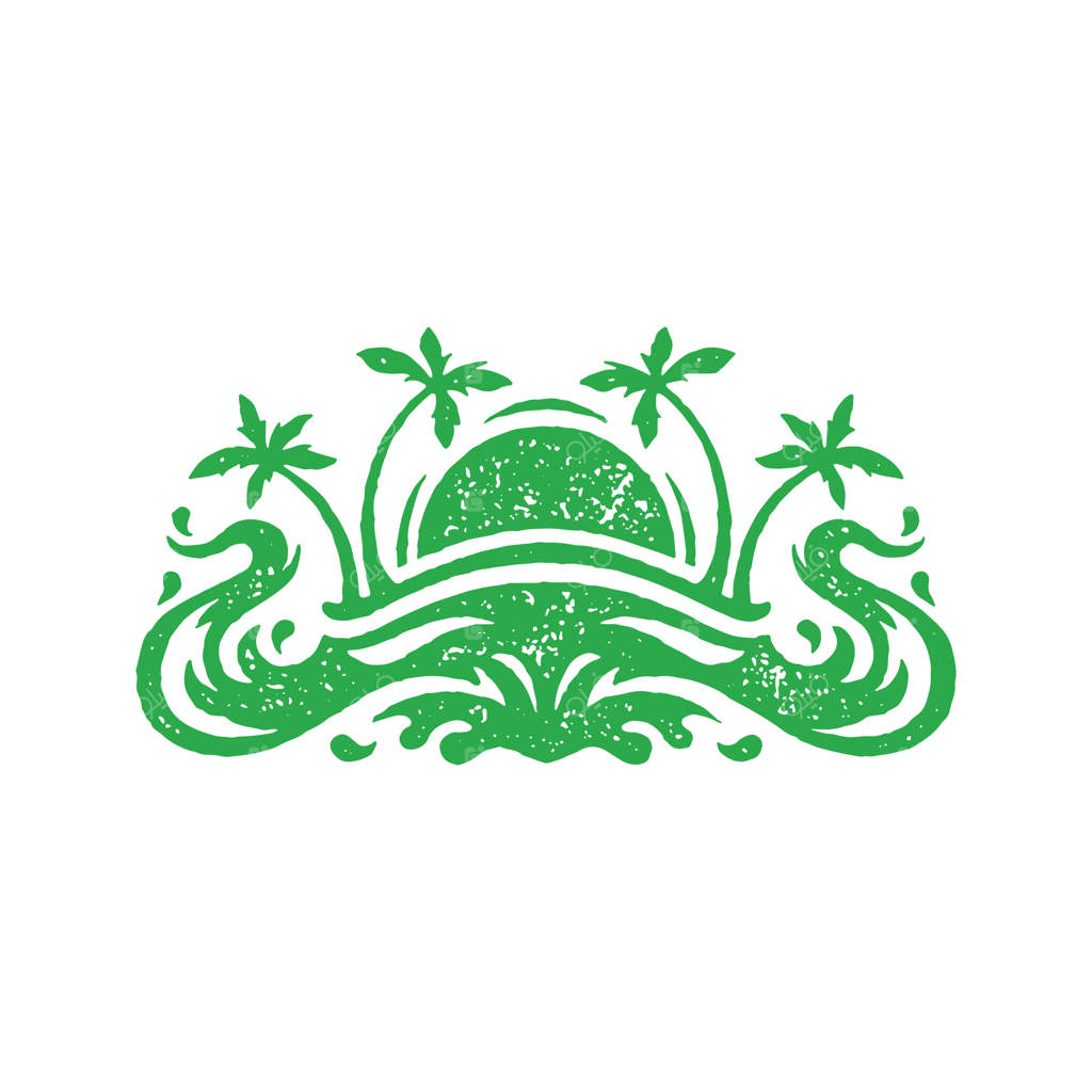 جزیره بکر و ناشناخته‌ای در اقیانوس با درختان نخل طبیعی و امواج دریا، به سبک تک‌رنگ و گرانج