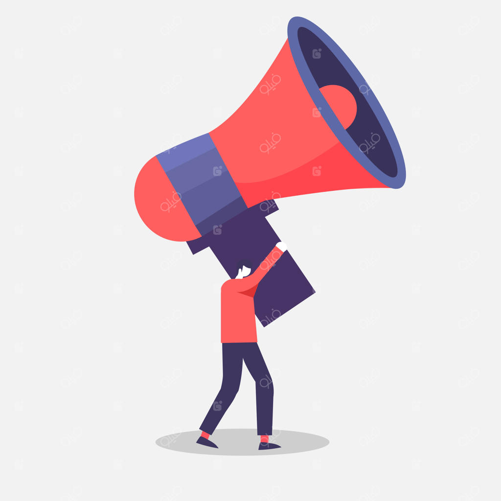 افراد تخت‌نما، بلندگو با عناصر اطلاعاتی و لوگو می‌آورند